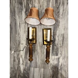 Set Of 2 Vintage MCM Electric Fixtures Wall Sconces Lamps Wood Metal Shades